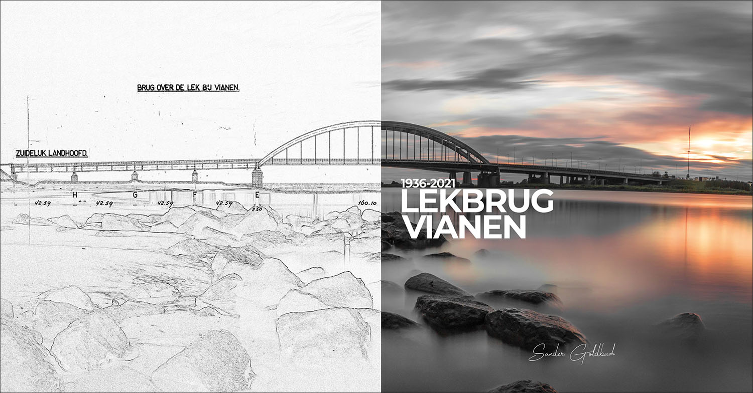 Omslag van het fotoboek Lekbrug Vianen 1936–2021, met een tekening van de brug en de Lekbrug bij zonsondergang