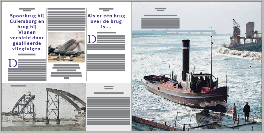 Opzet van een dubbele pagina met historische foto’s van de Lekbrug, onder meer een sleepboot op het ijs